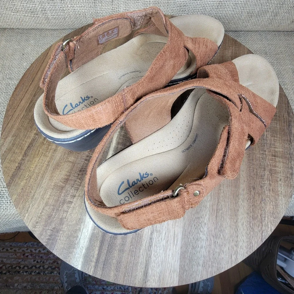 Clarks Merliah Echo Wedge Sandals Rust Brown Textile Straps Women's‎ 9 Comfort